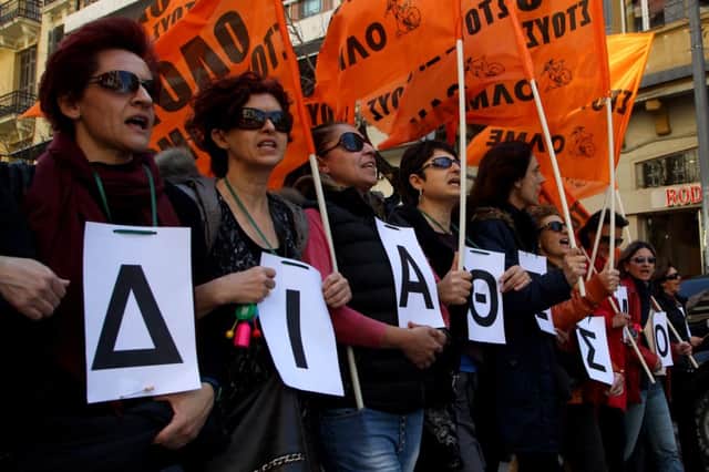 Protesters shout anti-austerity slogans during a rally in the northern city of Thessaloniki. Picture: AP