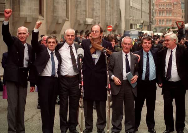 Chris Mullin (centre) and the Birmingham Six, who were freed on this day in 1990 after being wrongfully imprisoned for 16 years. Picture: PA