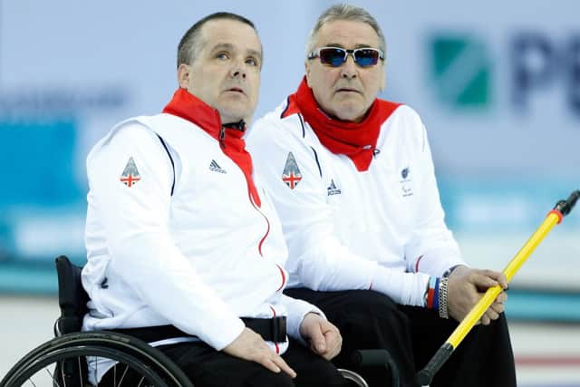 Bob McPherson (L) and Jim Gault of Great Britain at the Ice Cube Curling Center. Picture: Getty