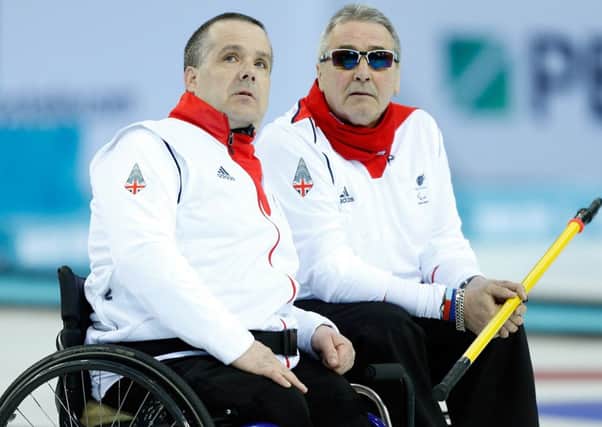 Bob McPherson (L) and Jim Gault of Great Britain at the Ice Cube Curling Center. Picture: Getty
