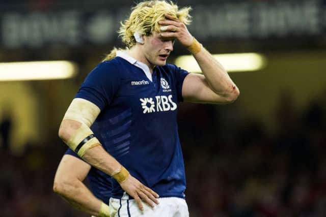 Dejection for Scotland's Richie Gray after being on the receiving end of a thrashing by Wales. Picture: SNS