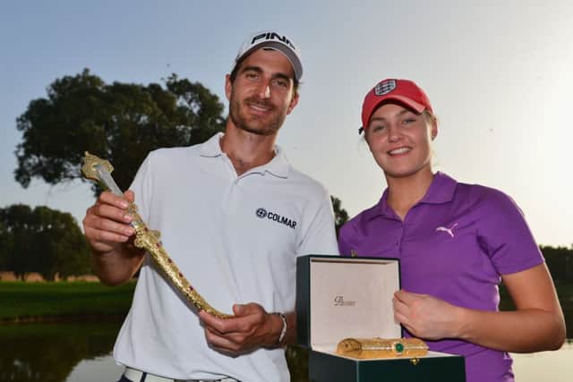 Alejandro Canizares and Charley Hull celebrate their respective wins in Morocco. Picture: Getty