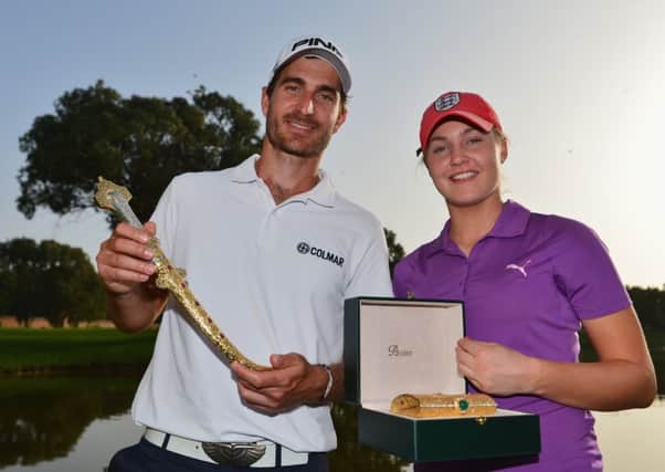 Alejandro Canizares and Charley Hull celebrate their respective wins in Morocco. Picture: Getty