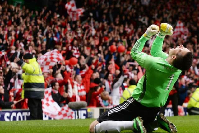 Jamie Langfield celebrates at Celtic Park. Picture: SNS