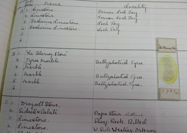 The fragment of the Blarney Stone, and the catalogue record found in the Hunterian archive. Picture: Contributed
