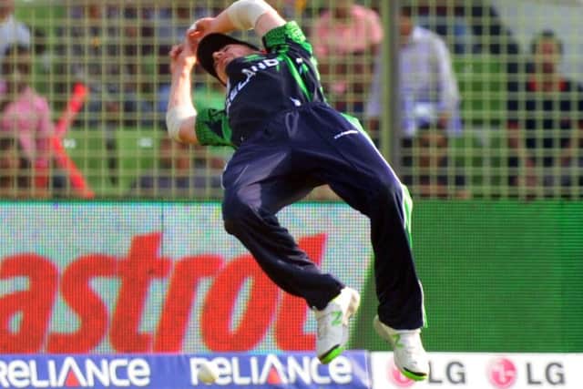 Irelands Alex Cusack makes a spectacular attempt to take a catch. Picture: AFP