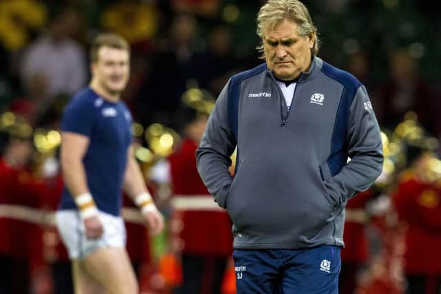 Dejection for Scotland head coach Scott Johnson in Cardiff. Picture: SNS/SRU