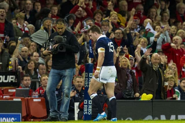 Stuart Hogg heads down the tunnel after earning a red card. Picture: SNS