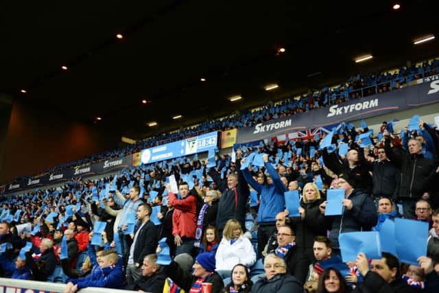 Rangers fans hold a card display in the 18th minute of the game. Picture: SNS