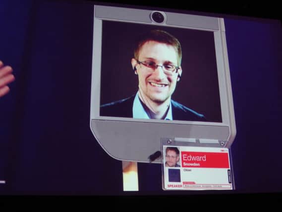 Edward Snowden appears via video link. Picture: SNS