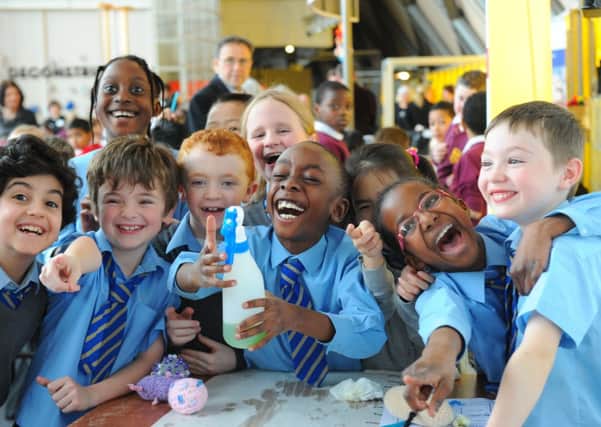 Primary 4 Pupils from St Paul's in Whiteinch laugh during their world record attempt. Picture: Robert Perry