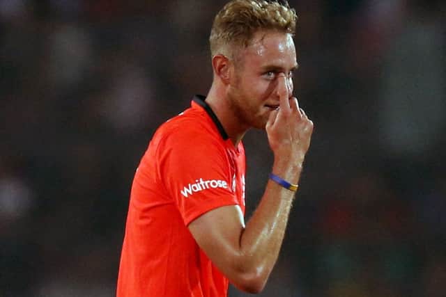 Stuart Broad gestures during their T20 World Cup warm-up match against India yesterday. Picture: AP