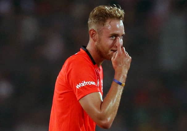 Stuart Broad gestures during their T20 World Cup warm-up match against India yesterday. Picture: AP