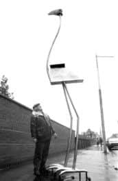 Scottish artist George Wyllie in Glasgow with his five-metre high 'Berlin Burd'