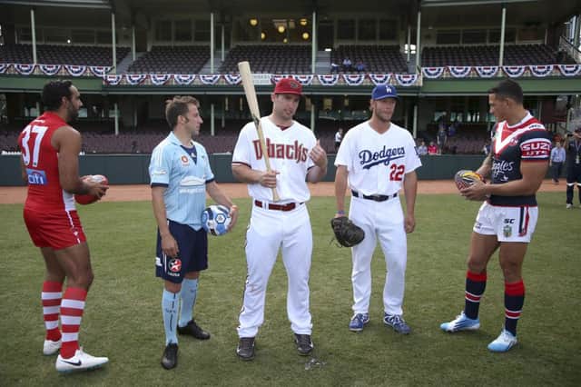 Alessandro Del Piero, left, and Sonny Bill Williams, right, with Paul Goldschmidt and Clayton Kershaw. Picture: PA