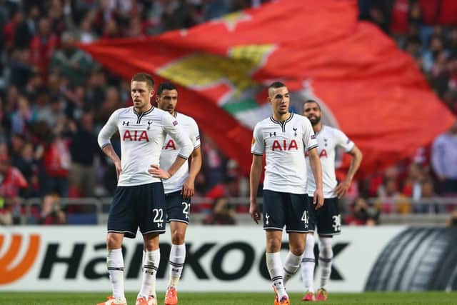 Gylfi Sigurdsson, left, Nacer Chadli, Nabil Bentaleb and Sandro react after Benficas opener. Picture: Getty