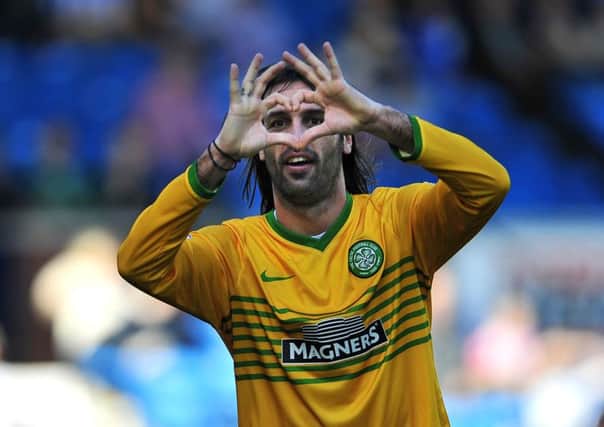 Georgios Samaras celebrates a goal but could the towering Greek be on his way out of Celtic? Picture: Robert Perry