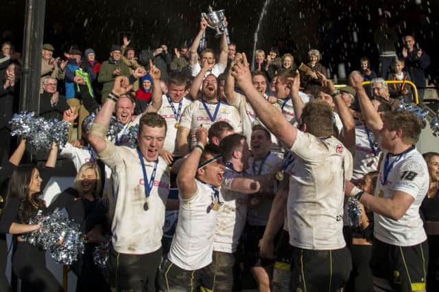 Delight for the Melrose players after winning the RBS Premiership. Picture: SNS/SRU