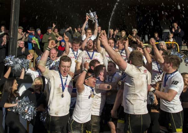 Delight for the Melrose players after winning the RBS Premiership. Picture: SNS/SRU