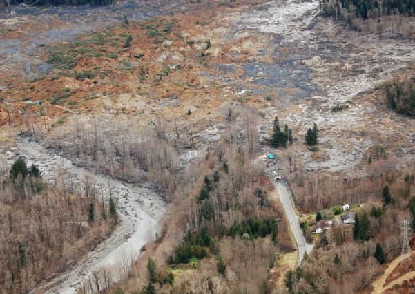 An aerial of a mudslide that covered SR 530 March 22, 2014 between Darrington and Arlington, Washington. Picture: Getty