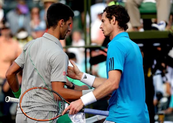 Novak Djokovic is congratulated by Andy Murray after winning at the Sony Open in Miami. Picture: Getty