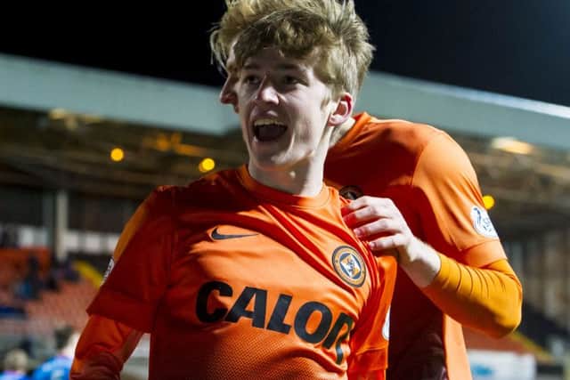 Ryan Gauld celebrates after scoring to give Dundee Utd the lead. Picture: SNS