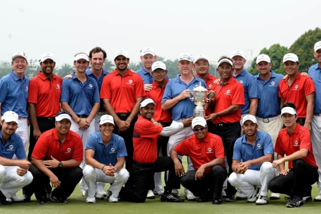 Team Asia and Team Europe celebrate together after the first EurAsia Cup finished in a tie. Picture: Getty
