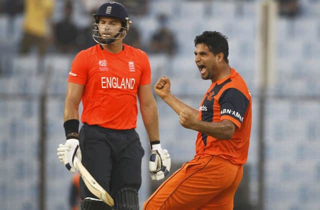 Hollands Mudassar Bukhari celebrates the wicket of Englands Michael Lumb during yesterdays victory. Picture: AP