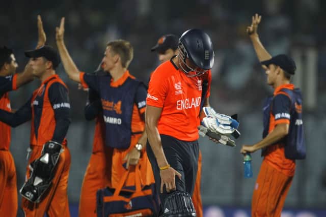 Skipper Stuart Broad is dismissed during his sides disastrous innings against Holland. Picture: AP