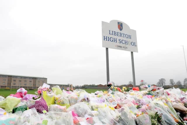 Tributes left at Liberton High School for Keane Wallis-Bennett. Picture: Lisa Ferguson