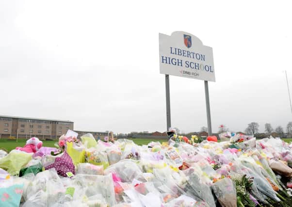 Tributes left at Liberton High School for Keane Wallis-Bennett. Picture: Lisa Ferguson