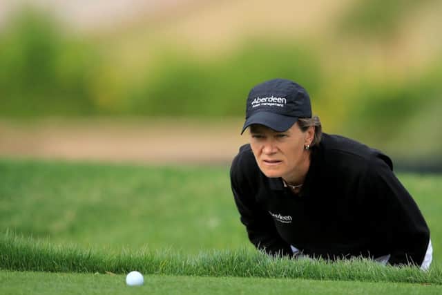 Catriona Matthew lines up a long putt from just off the green at the par 4 seventh during the second round in California. Picture: Getty