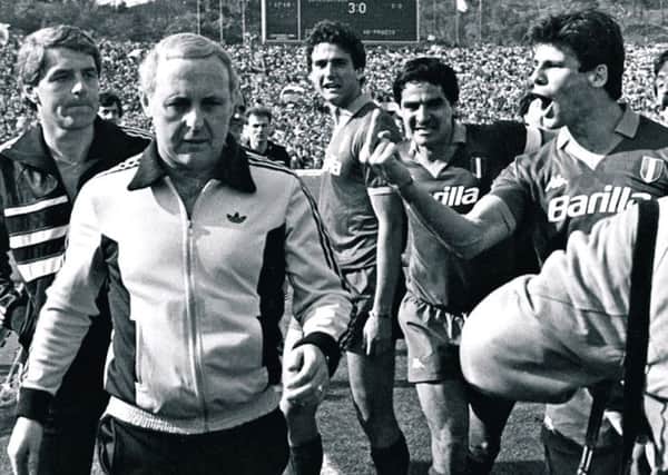 Jim McLean is abused by animalistic Roma players after the full-time whistle at the Stadio Olimpico. Picture: Complimentary