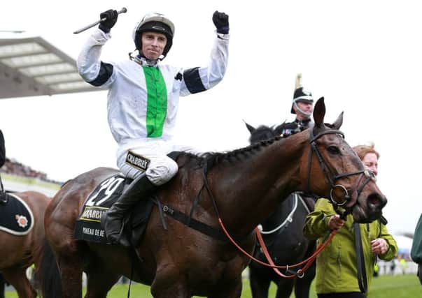 Leighton Aspell celebrates on Pineau de Re after winning the Grand National. Picture: PA