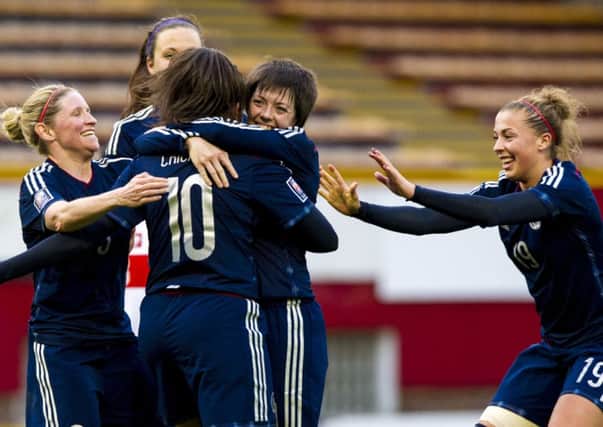 Leanne Crichton (No.10) is congratulated after scoring Scotlands second goal. Photograph: Alan Harvey/SNS Group
