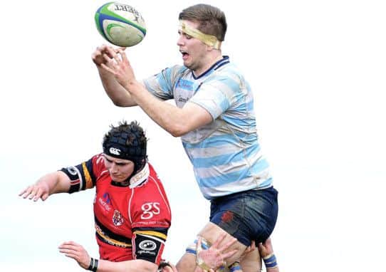 Edinburgh Accies Alex Toolis, top right, tries to get a grip of the lineout ball at Lasswade yesterday Photograph: Craig Watson/SNS