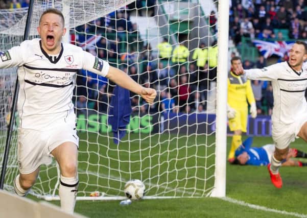 An ecstatic Raith Rovers striker John Baird races off to celebrate his cup-winning goal.  Pictures: SNS