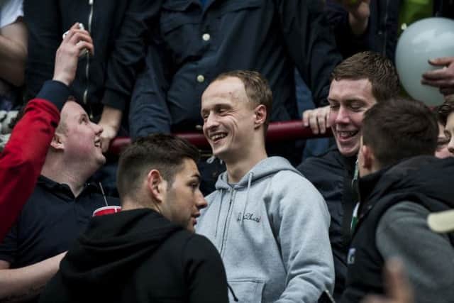 Leigh Griffiths in with the Hibs fans at the recent Tynecastle derby Picture: TSPL