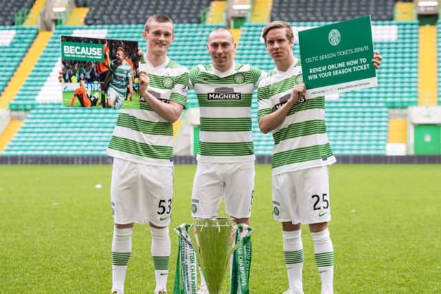 Scott Brown (centre) joins Liam Henderson (left) and Stefan Johansen as they promote season ticket renewals. Picture: SNS