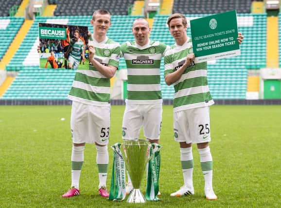Scott Brown (centre) joins Liam Henderson (left) and Stefan Johansen as they promote season ticket renewals. Picture: SNS