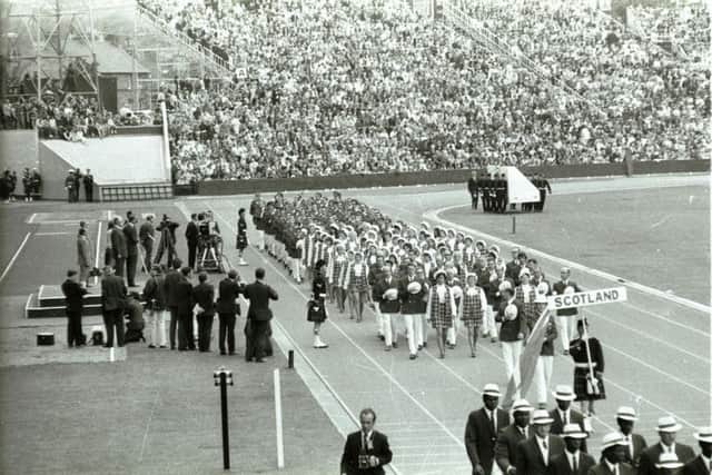 The Scottish athletes march proudly into Meadowbank Stadium at the Opening Ceremony in 1970. Picture: Malcolm McCurrach