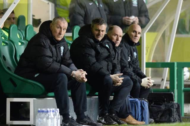Terry Butcher cut a dejected figure with his management team during the clubs latest defeat on Monday. Picture: SNS