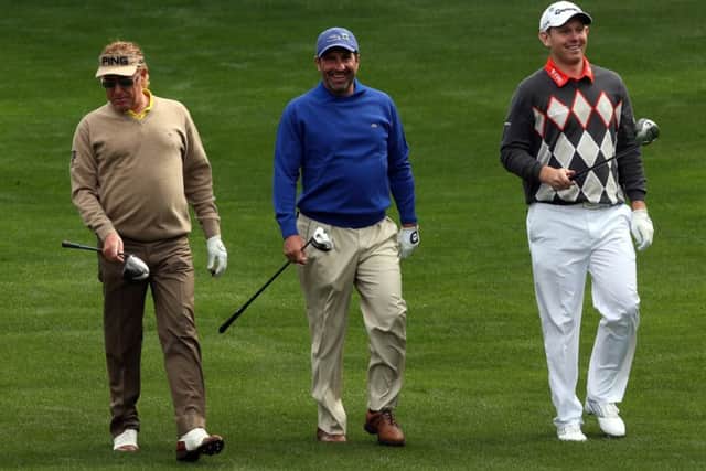 Stephen Gallacher, right, enjoys a practice round with Miguel Angel Jimenez, left, and Jose Maria Olazabal (Getty). Bernard Gallacher, below
