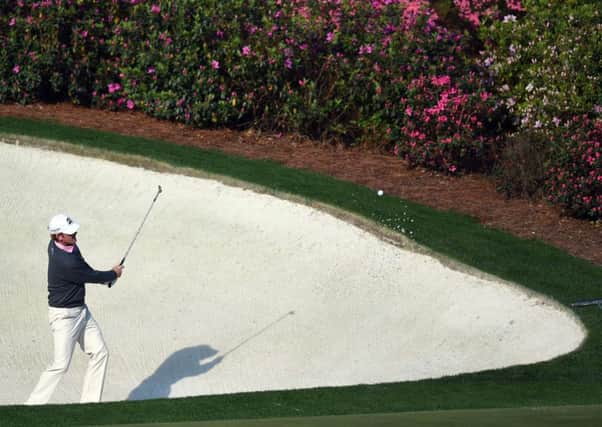 American Brandt Snedeker plays a shot out of a bunker during yesterdays practice round. Picture: Getty