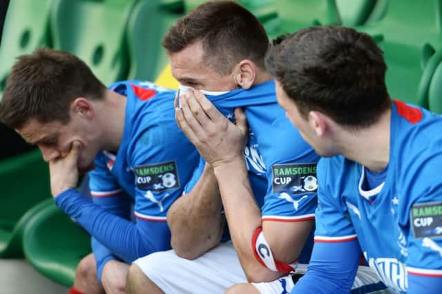Rangers' Lee McCulloch (C) at full-time in the Ramsdens Cup final. Picture: SNS