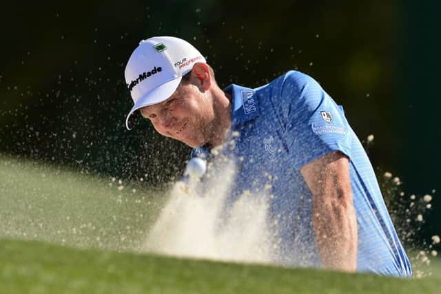 Stephen Gallacher plays a shot out of a bunker during the first round of the 78th Masters Golf Tournament at Augusta. Bill Haas of the US grabbed a one-stroke clubhouse lead over defending champion Adam Scott in the first round of the 78th Masters. Picture: Getty Images