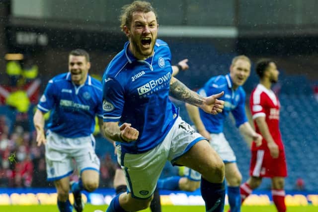 Stevie May celebrates after bringing St Johnstone level. Picture: SNS