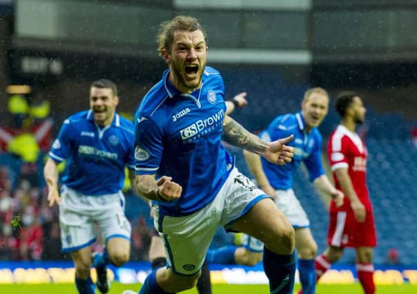 Stevie May celebrates after bringing St Johnstone level. Picture: SNS