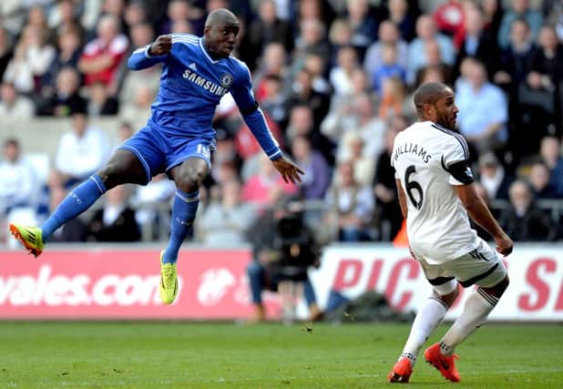 Demba Ba scores Chelseas second-half winner at Swansea yesterday. Picture: Getty