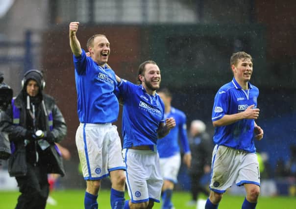 Steven Anderson, Stevie May and David Wotherspoon celebrate at the end with fans after winning Sunday's Scottish Cup semi final. Picture: Robert Perry